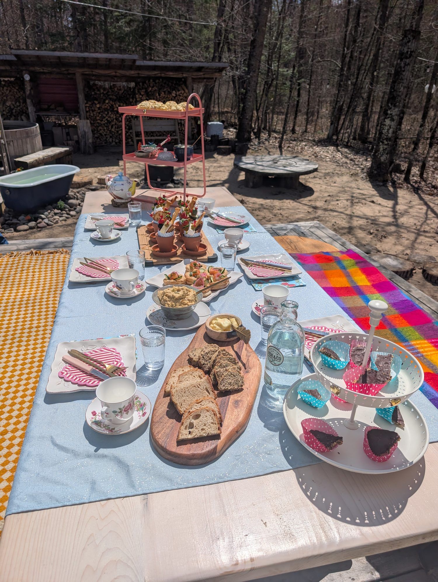 Afternoon tea laid out on the deck in spring